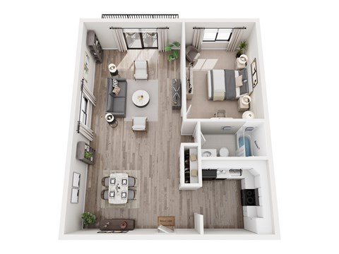 Floor plan for 1 bed, 1 bath, 832 sqft